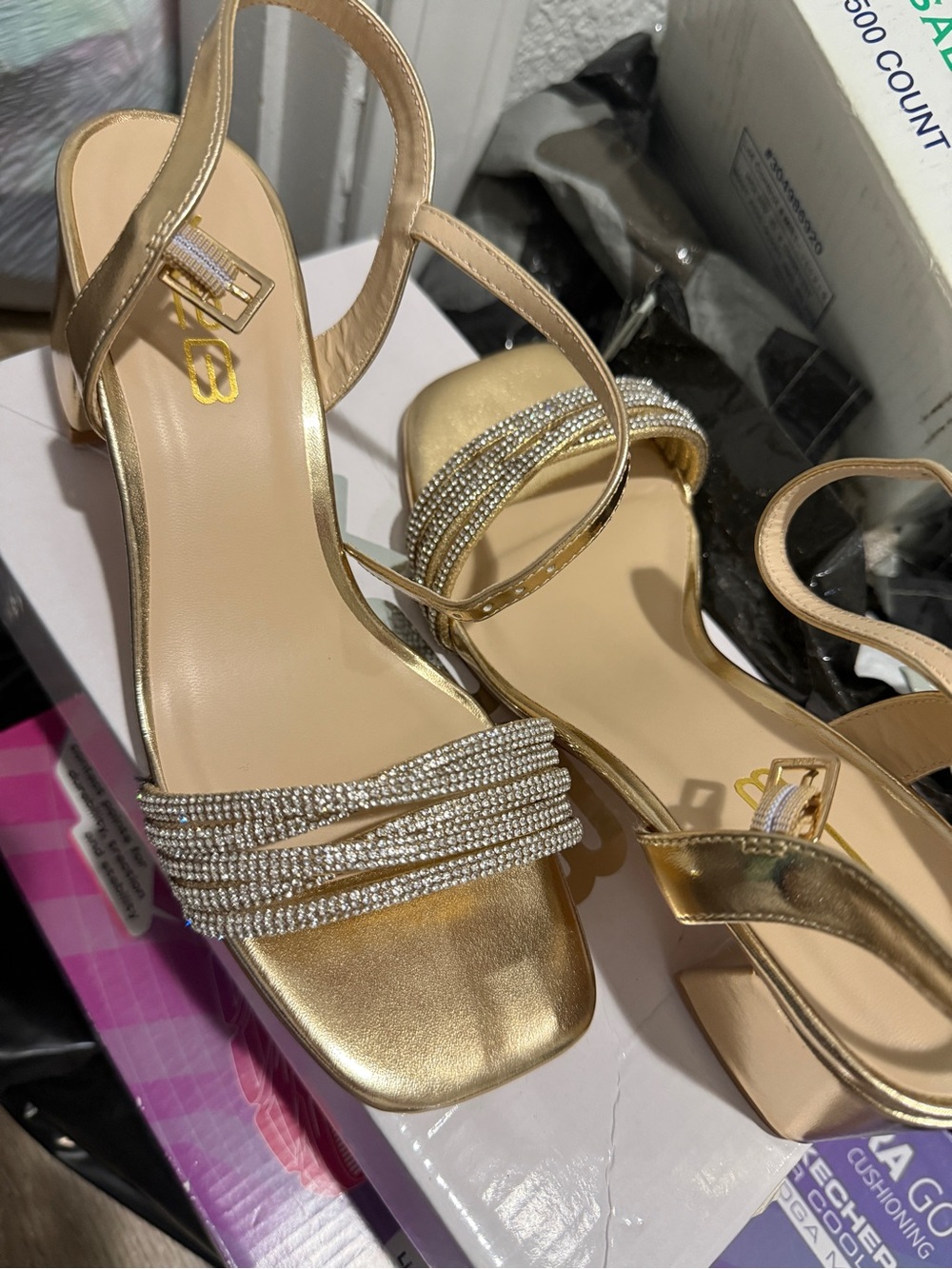 Women's Gold Rhinestone Strap Low Heel Sandals